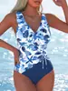 Almacén en el extranjero dropshipping traje de baño de una pieza estampado europeo y americano, bikini sexy de cuello en V adelgazante, bañador profesional de natación