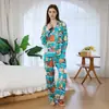 Pijama de Seda Helada Estilo Sombra de Gato Qingwu para Mujer Ropa de Casa Cárdigan Manga Larga Pantalón Largo
