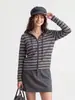 Cárdigan de punto a rayas con capucha para mujer, corte ajustado, con cremallera y cordón, chaqueta versátil, estilo coreano, casual y adecuado para ir al trabajo