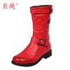 Juti Spot 2020 Outono e Inverno Novo Comércio Exterior Tamanho Grande Fivela de Cinto de Cor de Salto Baixo Botas Femininas Botas de Couro Femininas Europeias e Americanas