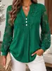 Blusa de Renda Patchwork com Manga Longa para Mulheres Gola V Meio Abotoada Mangas Bufantes Plissadas Camada Base Elegante Camisa Elegante