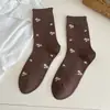 Meias de Renda Cinza Floral para Mulheres Meias de Cano Médio Primavera e Outono Algodão Puro Estilo Japonês Ins Tendência Meias Felpudas com Sapatos Boken
