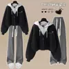 Moda Femenina Coreana de Moda para Otoño e Invierno Nuevo Estilo Sudadera con Capucha de Dos Piezas Falsas Suelta Pantalones de Pierna Ancha Conjunto Casual de Dos Piezas