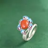 Rey Ciervo Dorado Anillo Abierto de Plata S925 Estilo Retro Esmalte Cloisonné Incrustado con Jaspe Nan Hong Anillo de Dedo para Mujer Estilo Chino Nuevo
