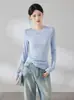 Camiseta de Manga Larga con Cuello Redondo para Mujer Cleanfit, Camisa Base Drapeada Ajustada de Lyocell Lana Acetato, Otoño 2026