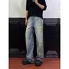Jeans Tendência de Nicho Bordado Floral em Rattan para Homens Estilo Americano Street Style Bonito Largo Reto Calças High Street