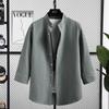 Verão Novo Camisa Masculina com Textura Seersucker Camisa Casual Novo Colarinho Chinês Henry Manga Sete Pontos Fina Masculina
