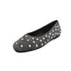 Zapatos planos de piel auténtica con tachuelas para mujer, zapatos de un solo color de corte bajo, nuevo modelo de otoño, piel auténtica por dentro y por fuera, punta redonda, cómodos zapatos bajos de un solo color para mujer, talla 40