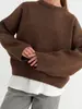 Suéter tejido de punto casual de estilo holgado transfronterizo con cuello redondo para mujer, chaqueta pullover de color liso para otoño e invierno, top versátil
