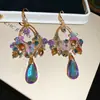 Pendientes Ovalados de Resina con Flor de Mariposa y Gota de Agua, Tachonados con Diamantes y Agujas Plateadas, Pendientes Exquisitos de Lujo Ligero Vintage de Nicho de Gama Alta