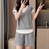 Conjunto de Falso Dos Piezas Estilo Waffle para Mujer, Atuendo de Moda Petite, Conjunto Deportivo de Dos Piezas con Shorts de Manga Corta Adelgazantes para Verano