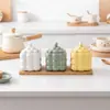 Juego de regalo de tarros originales de cerámica dopamine para sal y especias de cocina con cucharas, tarros de condimentos de cerámica engrosada con estante de madera para almacenamiento