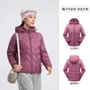 Chaqueta ligera de plumón con estampado de logo para mujer, invierno exterior, con capucha, parte superior desmontable, retiene el calor, adelgazante, chaqueta cálida, personalizada