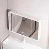 Gabinete de espejo inteligente de aluminio tipo panal curvo con estantes abiertos, almacenamiento de maquillaje para baño montado en la pared con luz y espejo antivaho