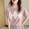 26 Item Quente de Verão 100% Algodão Tricô Gola Redonda Manga Curta Padrão Diamante Color Block Camiseta Estilo Coreano Top da Moda para Mulheres