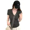 Suéter de Punto Acanalado con Cuello de Corbata a Rayas Azul Marino para Mujer, Nuevo Estilo Primavera/Verano 2026, Corte Ajustado, Top Elegante, Foto Real~