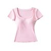 Camiseta de Verano Nueva para Mujer, Ajustada, Sexy, Expansión del Pecho, Hombro Derecho, Manga Corta, Camiseta Interior con Almohadilla en el Pecho y Corbata en U