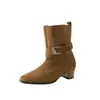 Botas vaqueras de gamuza estilo coreano para mujer con hebilla de cinturón, adecuadas para combinar con un abrigo, otoño/invierno 2026, tacón medio grueso, punta redonda, botines de cuero genuino