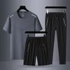 Pantalones de manga corta de seda de hielo de verano, traje deportivo informal para personas de mediana edad y mayores, traje informal de verano de tres piezas para hombre 2024