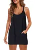 Vestido de Verão Europeu e Americano Transfronteiriço Amazon 2025 Cor Sólida Sem Mangas Alça Espaguete Vestido Regata Esportivo Curto com Bolsos