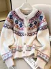 Suéter retro nórdico Fair Isle para mujer, holgado, color albaricoque, cuello redondo, cárdigan de punto, top relajado