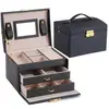 Caja de joyería portátil transfronteriza de tres capas de gran capacidad Caja de almacenamiento de joyería Caja de almacenamiento para anillos, pendientes, pendientes, collares