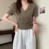 Camiseta de Manga Corta con Cuello en V y Patchwork Jiepeng para Mujer, Verano 2026, Ajustada Elegante para el Trabajo con Hombros Normales