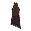 Ropa de Verano Nueva Transfronteriza para Mujer Vestido Corto de Encaje Plisado con Escote Halter y Espalda Descubierta con Lazo