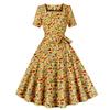 Vestido de Natal transfronteiriço para fantasias fábrica de vestuário feminino de comércio exterior vestido de balanço grande estampado retrô de manga curta com gola quadrada europeu e americano