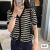 Verão Transfronteiriço Novo Estilo Coreano Listrado Retrô Gola V Cardigã Reto Tricotado Moda Top de Cor Contrastante Roupa Externa Feminina