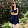 Vestido sin mangas de cuadros azules, estilo artístico francés, inspirado en el bosque vintage, fresco y casual, vestido largo tipo camisola de vacaciones