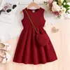 Comercio Exterior Ropa Infantil Verano Niñas Casual Color Sólido Cuello Redondo Sin Mangas Cintura Ceñida Vestido de Punto + Bolso Cruzado