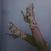Sapatos de Chengdu Exportação Transfronteiriça Sandálias com Estampa de Leopardo Femininas com Cadarço Recortes Malha Botas Dança de Jazz Salto Alto Sandálias Boca de Peixe Ele