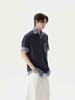 2025 Nova Moda Americana Falsa Duas Peças Camisa Polo Manga Curta Masculina Xadrez Costura Estilo Preppy Camiseta Tops Masculinos