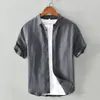 Extremamente linho fresco básico casual manga curta camisa de linho de algodão masculino estilo japonês verão solto camisa de linho artístico para a juventude