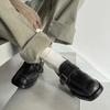 Sapatos de Couro Pequenos Estilo Old Money Britânico Texturizados de Pele de Ovelha com Fivela Quadrada 2024 Início do Outono Salto Médio Grosso Cabeça Quadrada Ampla Sapatos de Couro Soltos para Mulheres