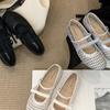 Zapatos Planos de Malla Plateada Estilo Francés 2025 Nuevo Estilo Calados Tejidos para Mujer Boca Baja Punta Redonda Correa con Hebilla Zapatos Mary Jane