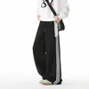 Calças masculinas de corte reto, estilo primavera e outono, modelagem solta, listradas, versáteis, feitas de algodão chinês, calças casuais esportivas, calças de moletom de marca da moda para adolescentes