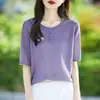 Camiseta Feminina de Tricô de Seda Gelada com Gola Redonda Estilo Francês, Manga Curta, Verão 2026, Fina, Respirável, Caimento Solto, Top Emagrecedor, Camiseta de Meia-Manga, Nova