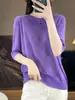 Lã cardada fina feminina gola redonda cor sólida jacquard meia manga solta casual para o trabalho primavera e verão malha meia manga