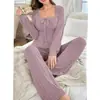 Estilos Mais Vendidos na Amazon Europeia e Americana Cruzamento de Fronteiras Conjunto Longo de Pijama Outono e Inverno Gola U Costela Escovada Confortável Roupa de Casa