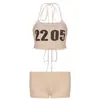 Biquíni de Três Peças Estilo Americano Sexy para Menina Picante, Estilo Praia, com Estampa Vintage de Letras, Top Cropped e Calça de Corte Justo