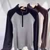 Camiseta de Manga Larga con Media Cremallera de Terciopelo Doble Cara para Otoño e Invierno, Nueva Prenda Base Estilo Coreano, Cuello Alto, Color Contrastante, Top Interior Cálido para Mujer