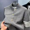 Cárdigan de punto para hombre con cuello de baseball de doble raya, Otoño e Invierno, Grueso, Alta Calidad, Botón Oculto, Casual, Versátil, Chaqueta Suéter