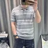 Nueva polo de punto de verano para hombre, camiseta casual versátil de rayas de seda helada transfronteriza de manga corta