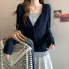 Toma real~ Suéter de punto nuevo de otoño para mujer talla grande, con capucha, bloques de color, imitación de dos piezas, manga larga, hombro normal