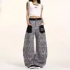Jeans retro de calle americanos con parche de leopardo y bolsillos, para hombre y mujer, estilo callejero holgado, pierna ancha, curvos, casual, pantalones largos