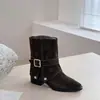 Botines de tacón alto con punta fina y hebilla de cinturón estilo retro 2026, Botines cortos de gamuza slip-on versátiles Otoño e Invierno 2026