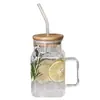 Taza Cuadrada de Vidrio para Popotes Taza para Jugo de Limón Taza de Vidrio de Gran Capacidad con Asa Taza Transparente de Vidrio de Borosilicato con Tapa