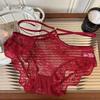 Vermelho romântico ~ Roupa íntima feminina de renda vermelha francesa este ano, calcinha sexy pura com cintura média e vazada